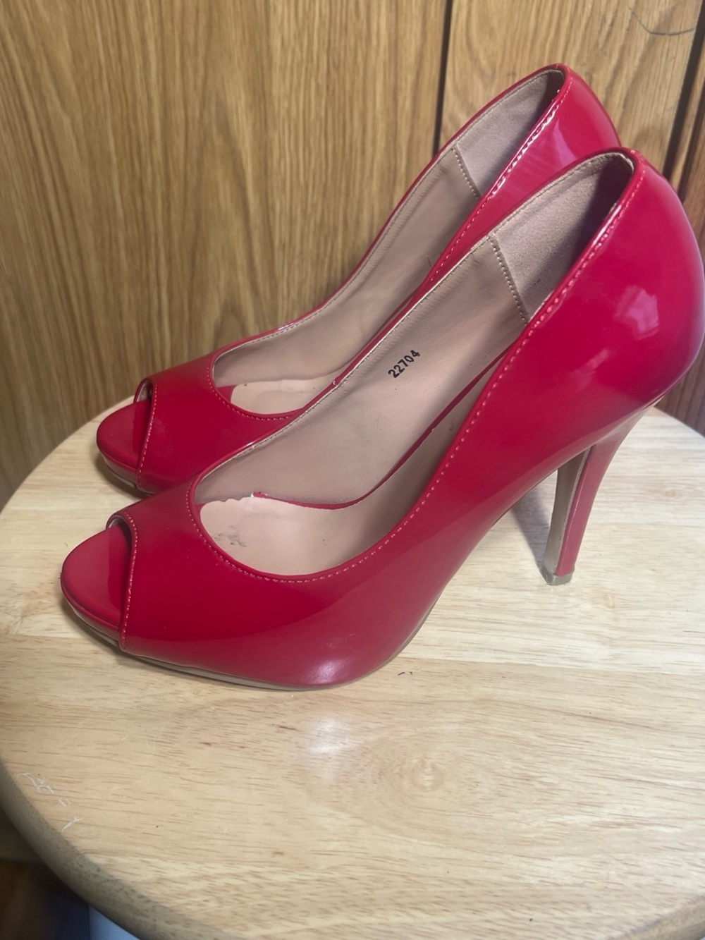 Classic Patent Peep-Toe High Heels in Red
